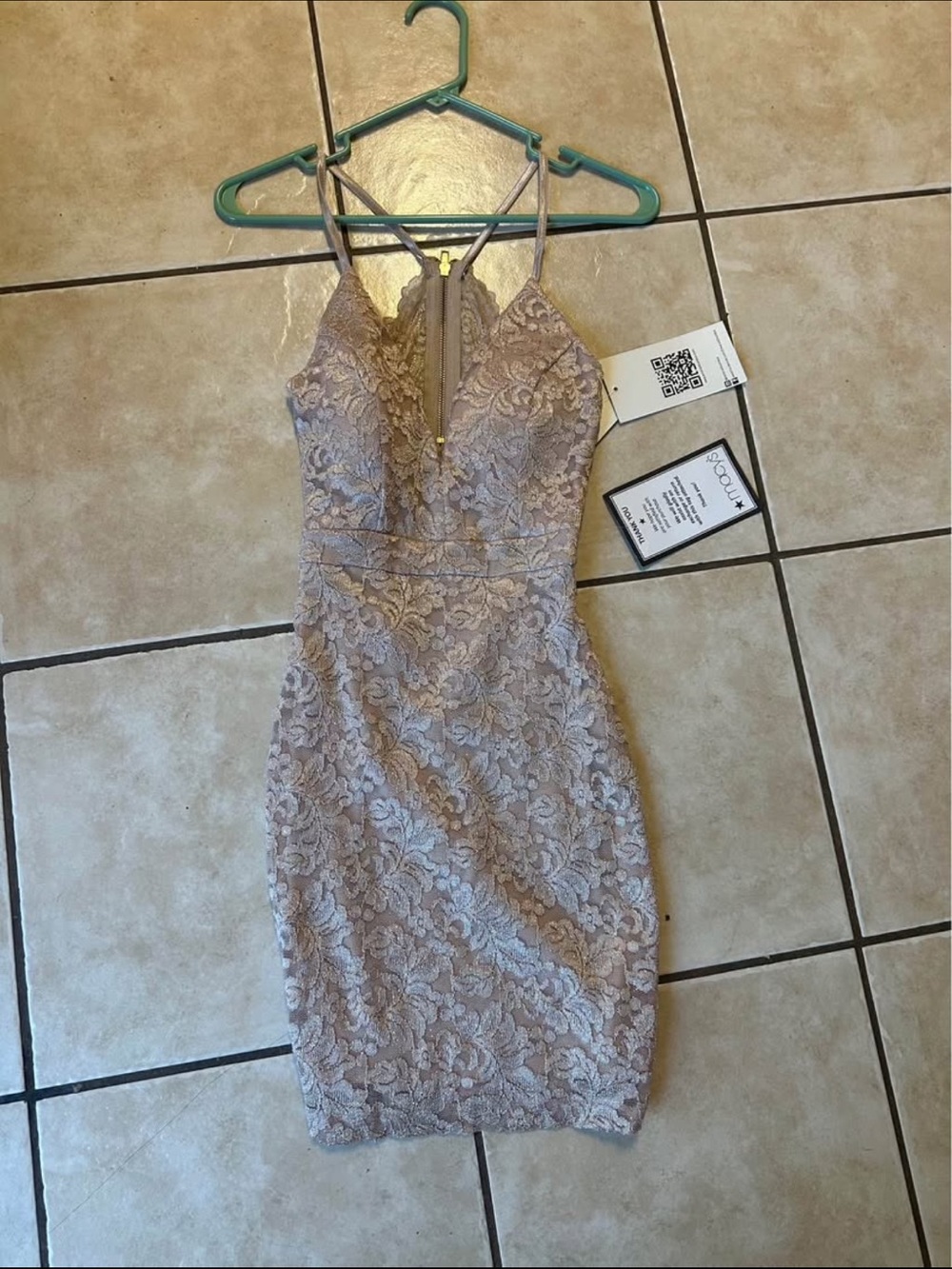 Lace V-Neck Mini Dress in beige